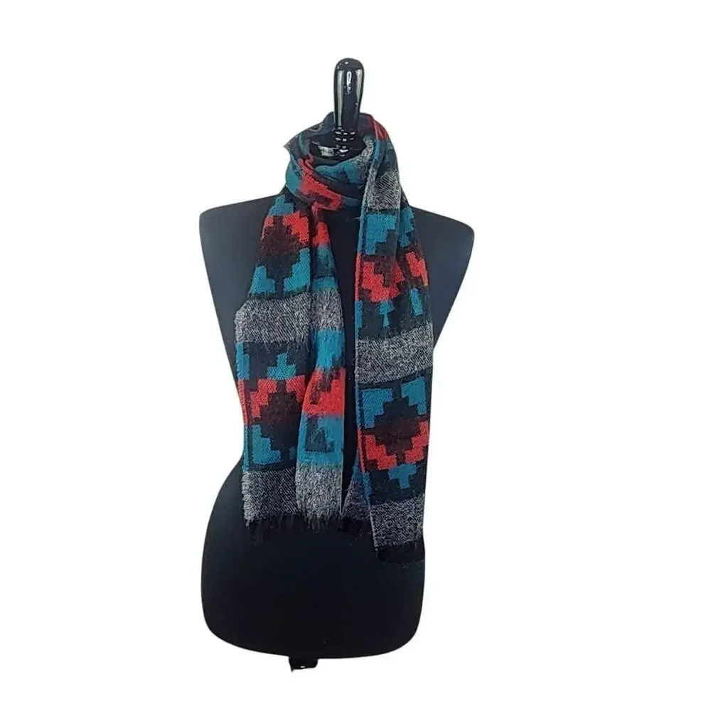 Southwestern Style Geometric Design Scarf Blue Red Black Gray